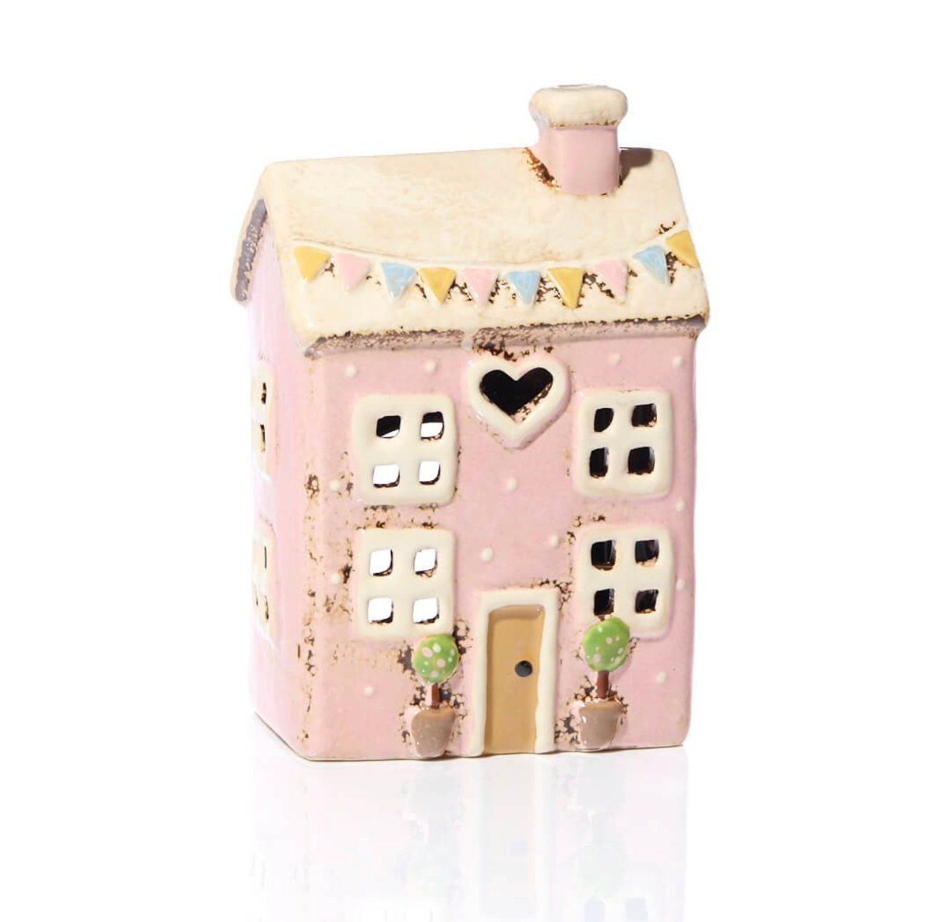 Stoneware Pink House With Embossed Bunting Tealight Holder