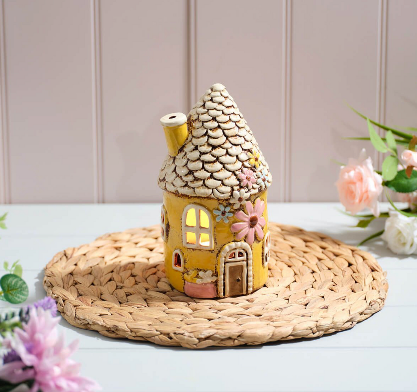 Cottage Garden Stoneware Fairy Style Round House With Embossed Details Candle Holder