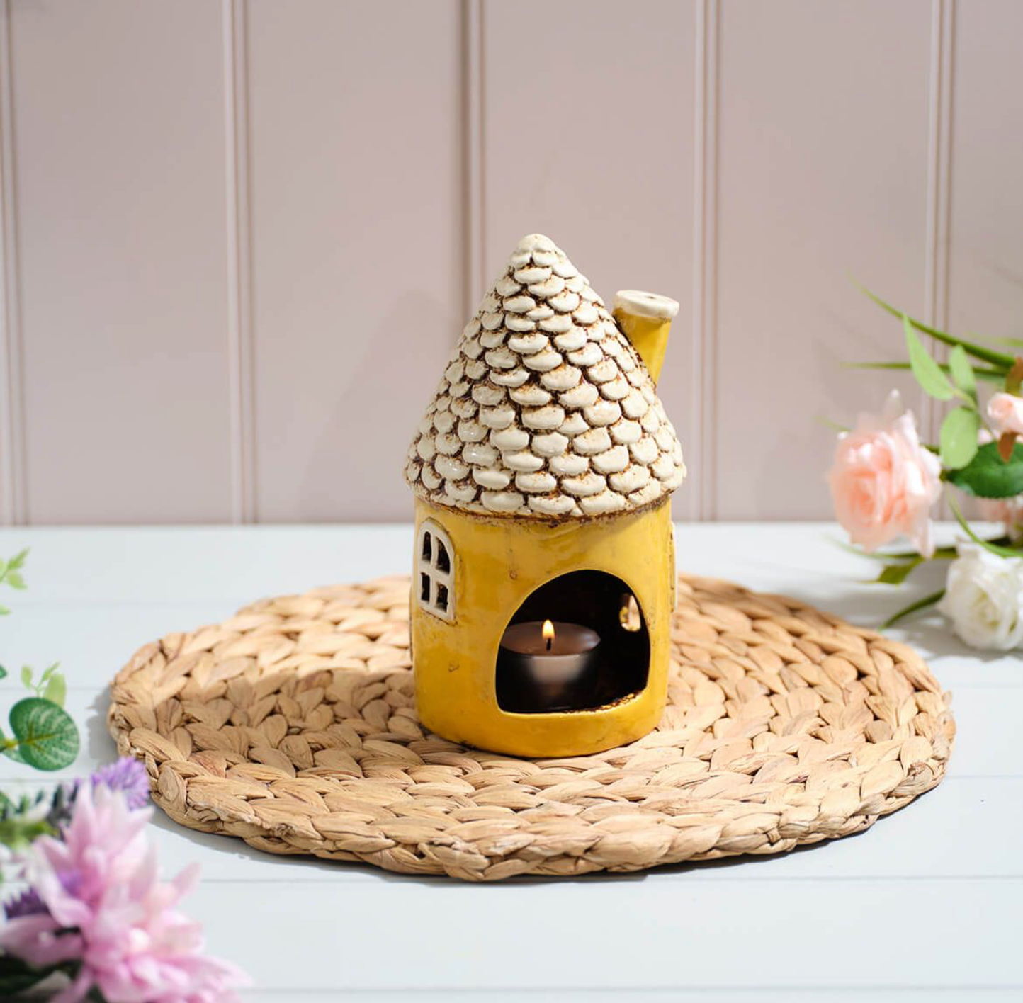 Cottage Garden Stoneware Fairy Style Round House With Embossed Details Candle Holder