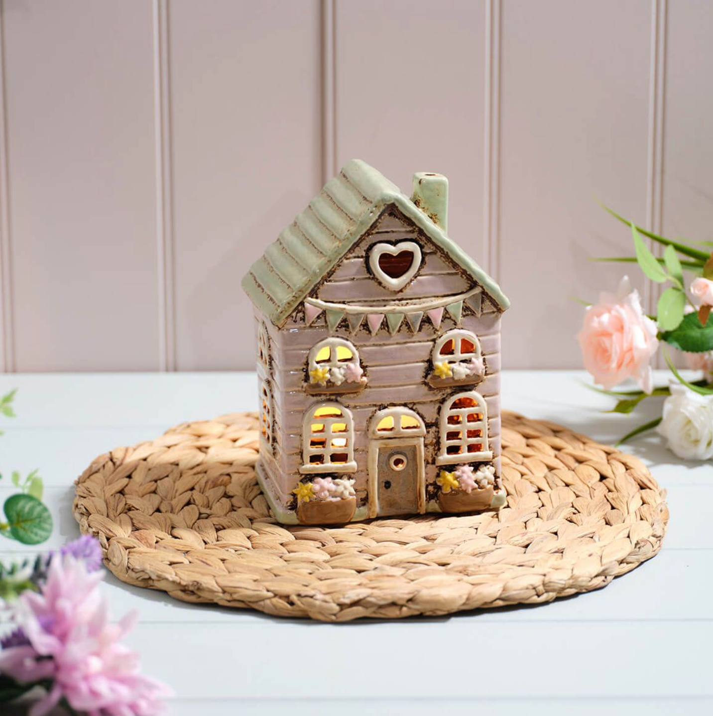 Cottage Garden Stoneware House With Bunting & Flower Baskets All Embossed Details