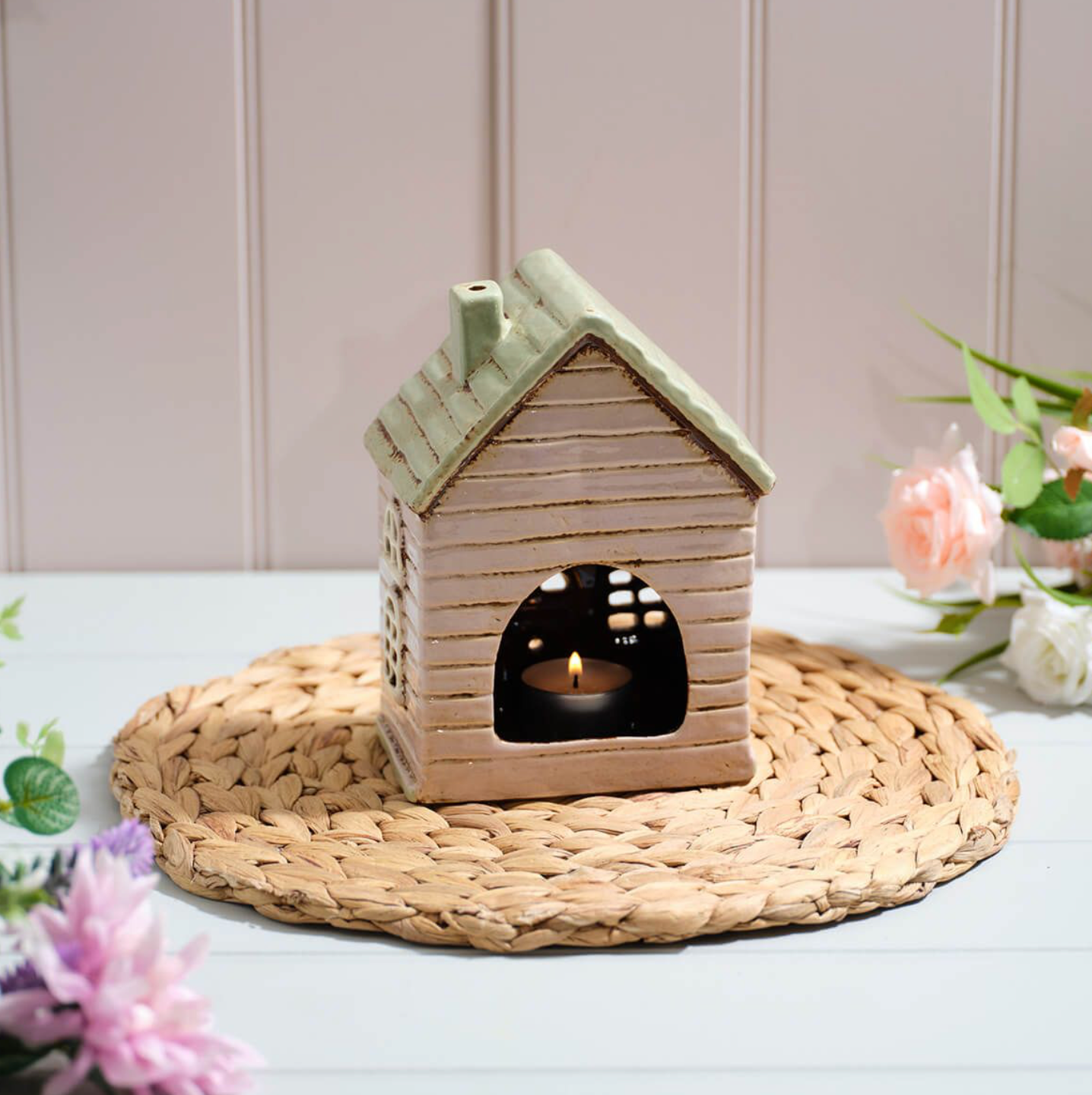 Cottage Garden Stoneware House With Bunting & Flower Baskets All Embossed Details