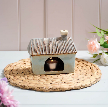 Cottage Garden Stoneware Light Blue House With Mushrooms & Daisy Door Garland