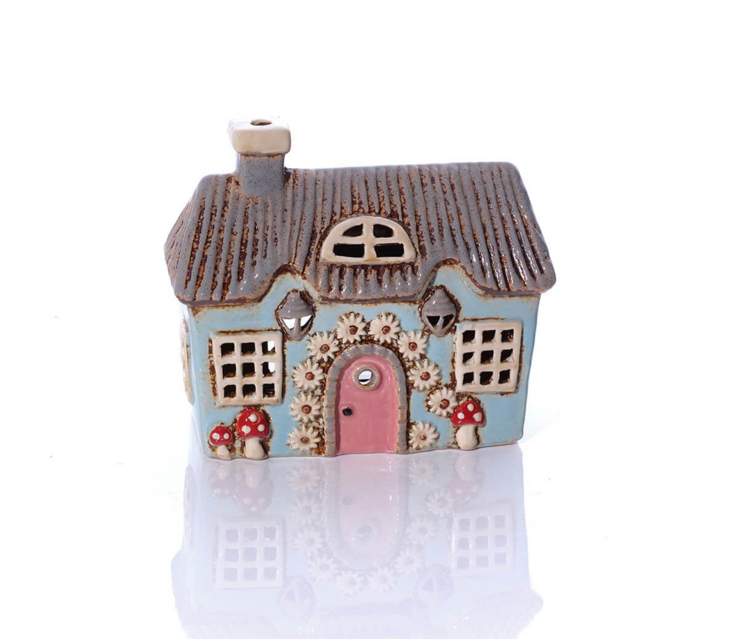 Cottage Garden Stoneware Light Blue House With Mushrooms & Daisy Door Garland