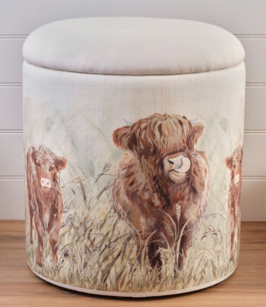 Highland Cow With Thristle Round Fabric Storage Stool Inner Made With Recycled Sugar Cane