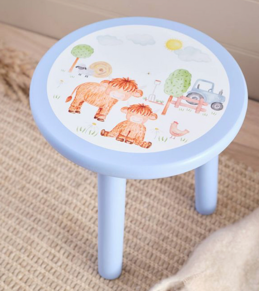 Mini Farm Blue Highland Cow & Tractor Round 3 Leg Wood Stool