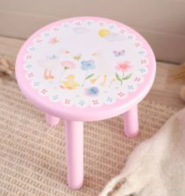 Mini Farm Pink Goose & Flowers Round 3 Leg Wood Stool