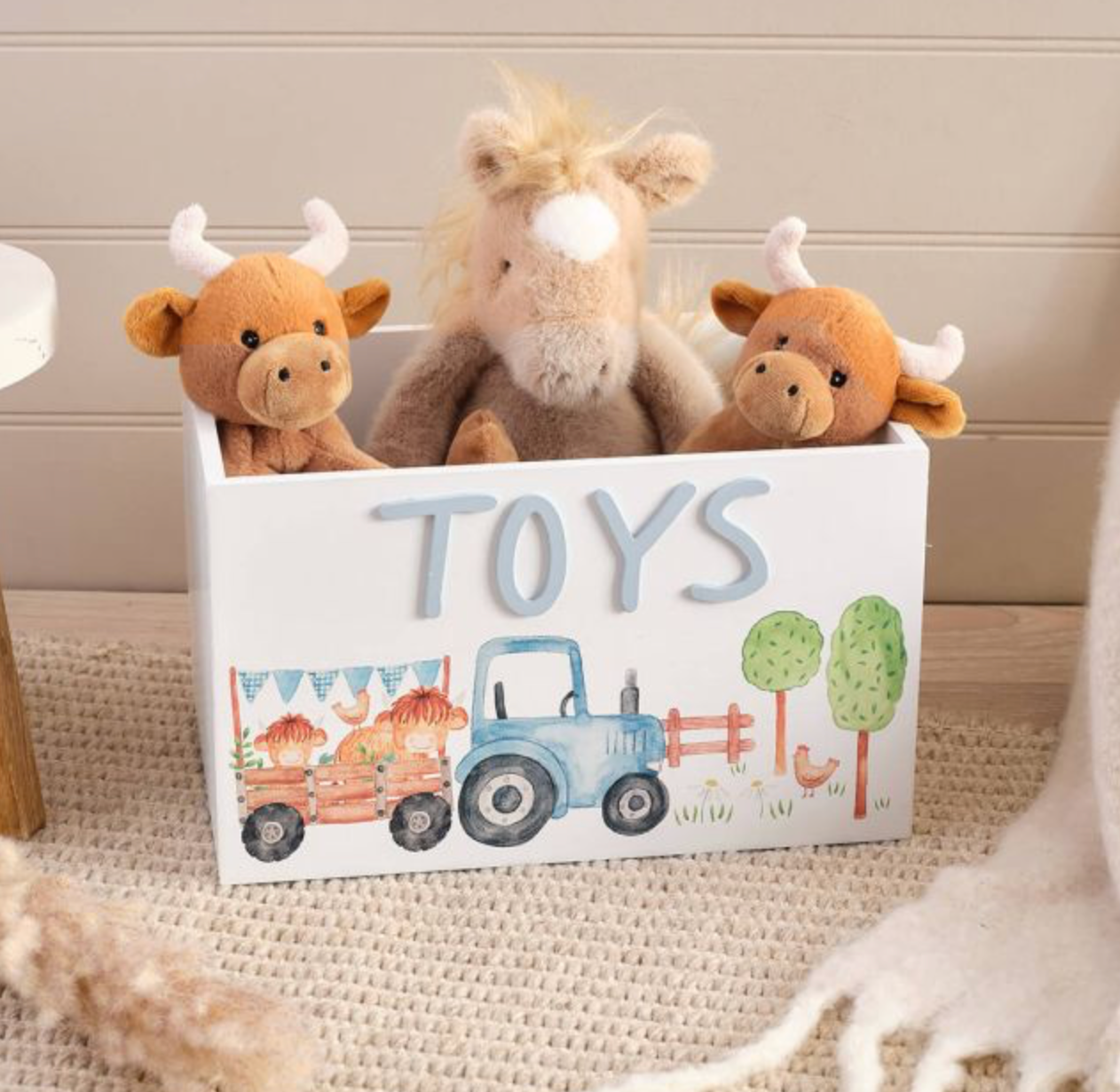 Mini Farm Monty Highland Cow With Tractor & Trailer Wood Toy Crate