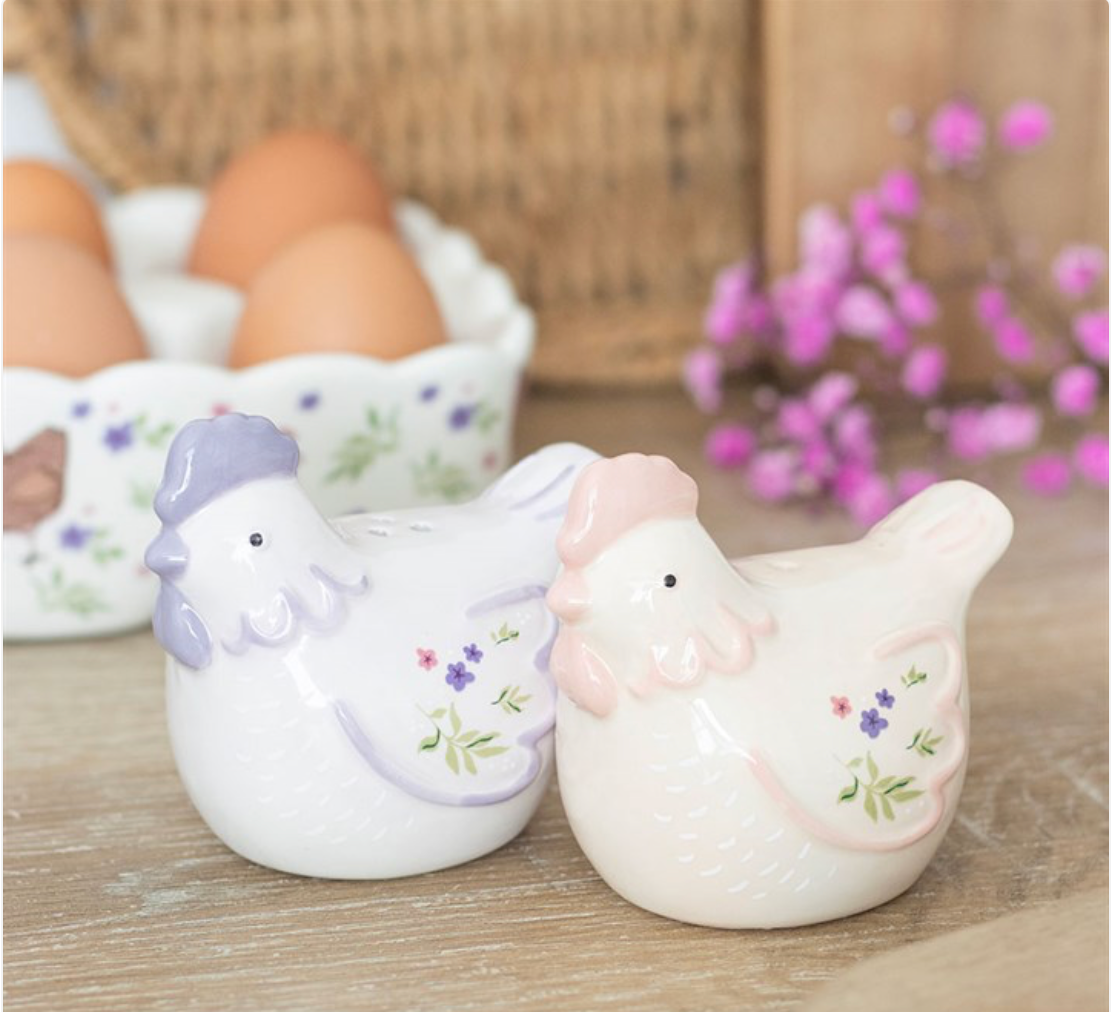 Floral Hen Chicken Shaped Salt & Pepper Shakers