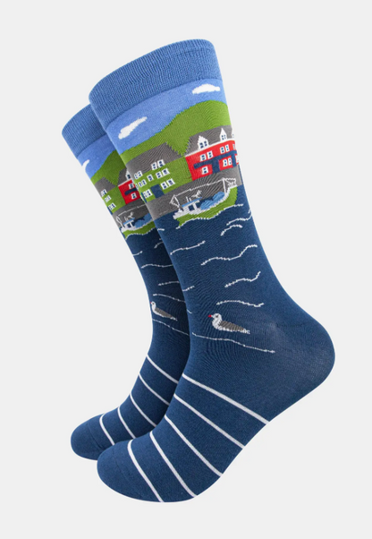 Men's Bamboo Socks - Blue, Fishing Village