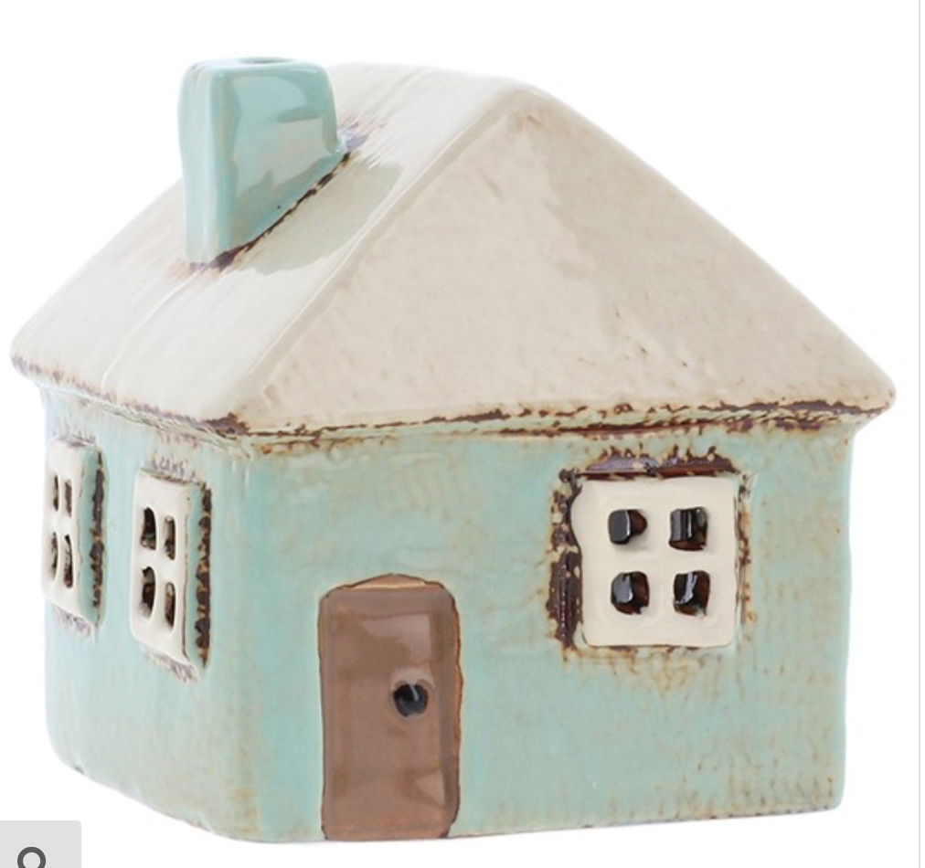 village pottery square house aqua mini tealight
