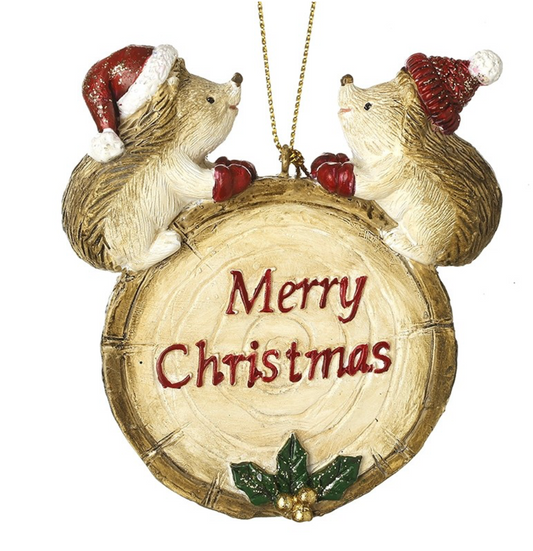 hanging merry christmas hedgehog log