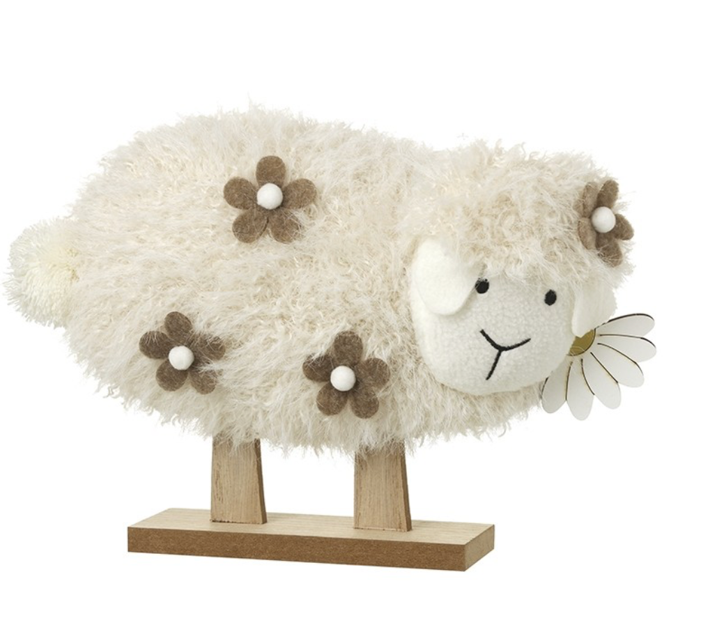 fluffy white sheep wooden ornament