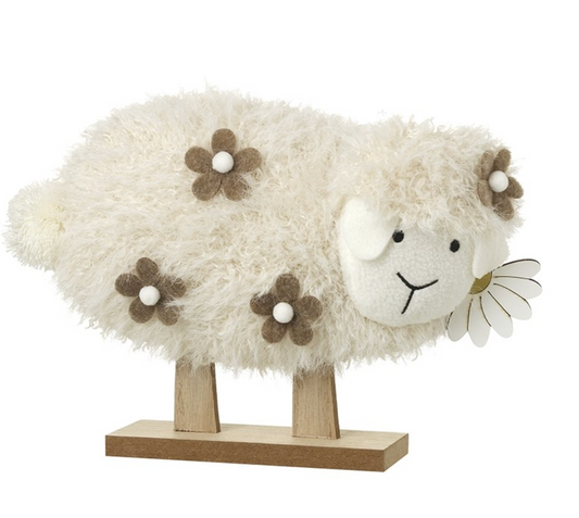 fluffy white sheep wooden ornament