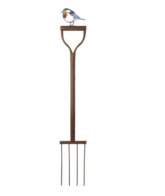 metal garden fork with robin