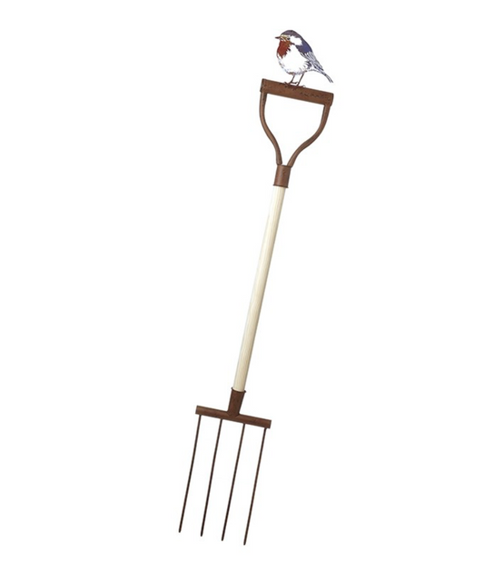metal and wood fork with robin