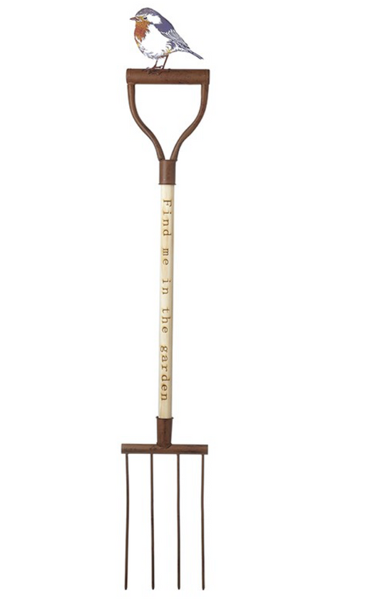 metal and wood fork with robin engraved