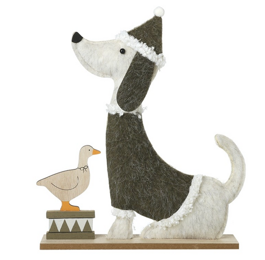 white dog with duck