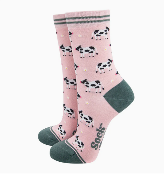 womans bamboo socks - light pink/green spring cow