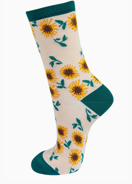 womans bamboo socks - cream/green sunflowers