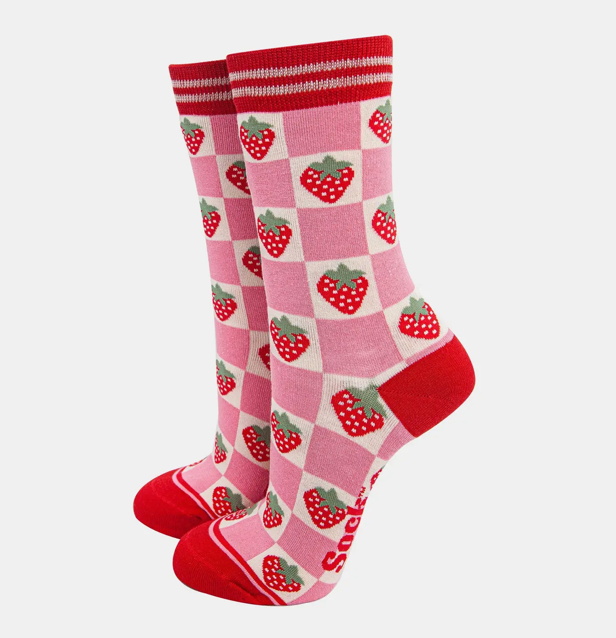 womans bamboo socks - pink/red checked strawberry