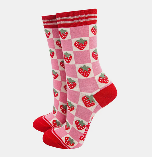womans bamboo socks - pink/red checked strawberry