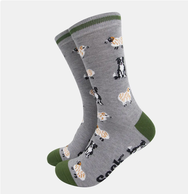 mens bamboo socks - grey marl/green sheep and sheepdog