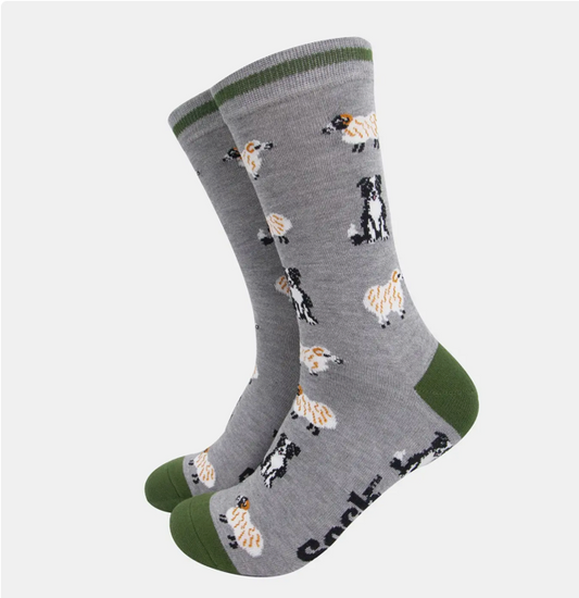 mens bamboo socks - grey marl/green sheep and sheepdog