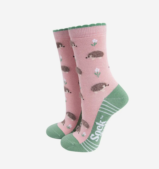 hedgehog floral fluffy bamboo socks in pink