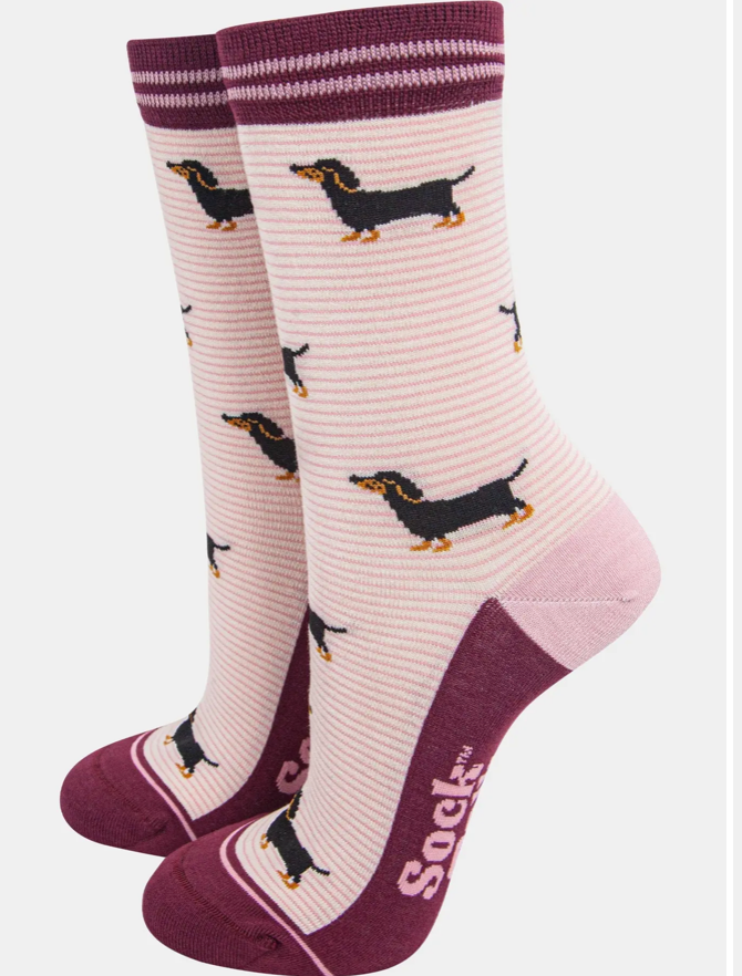 womans bamboo socks - cream/berry sausage dog stripes