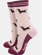 womans bamboo socks - cream/berry sausage dog stripes