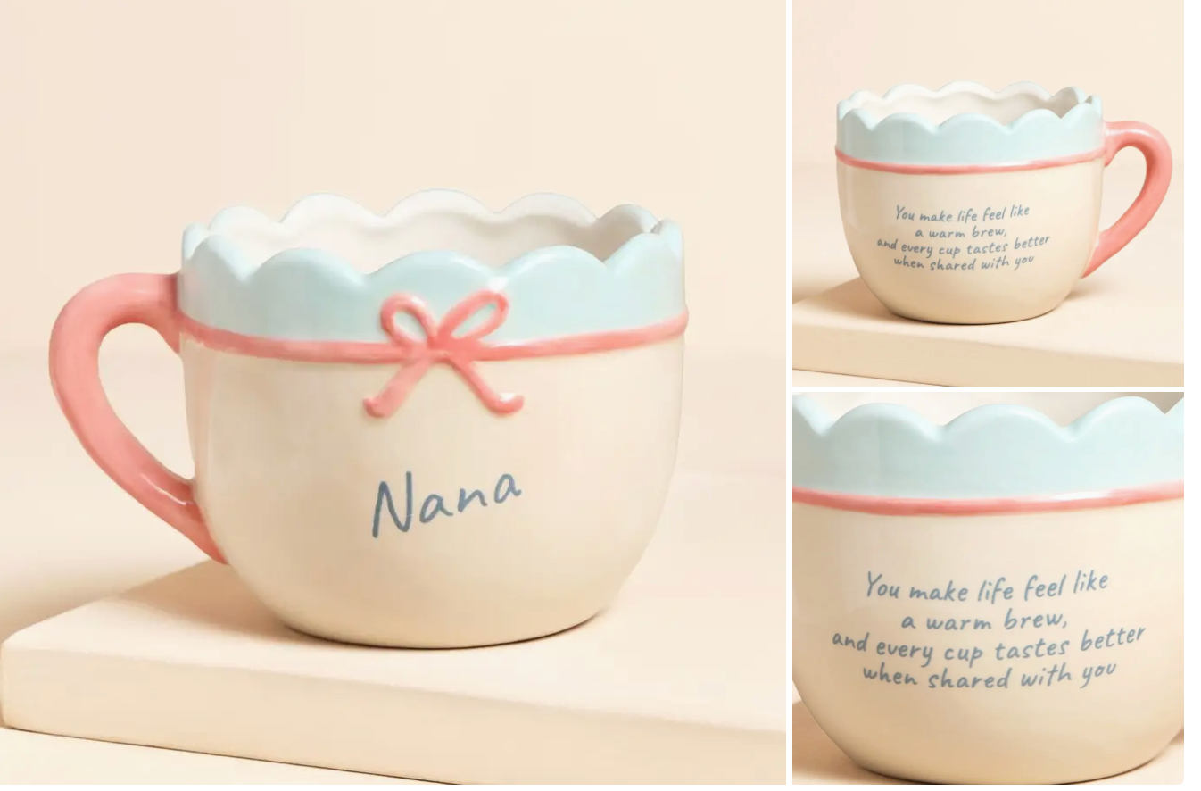 cream ceramic scallop edge bow nana mug