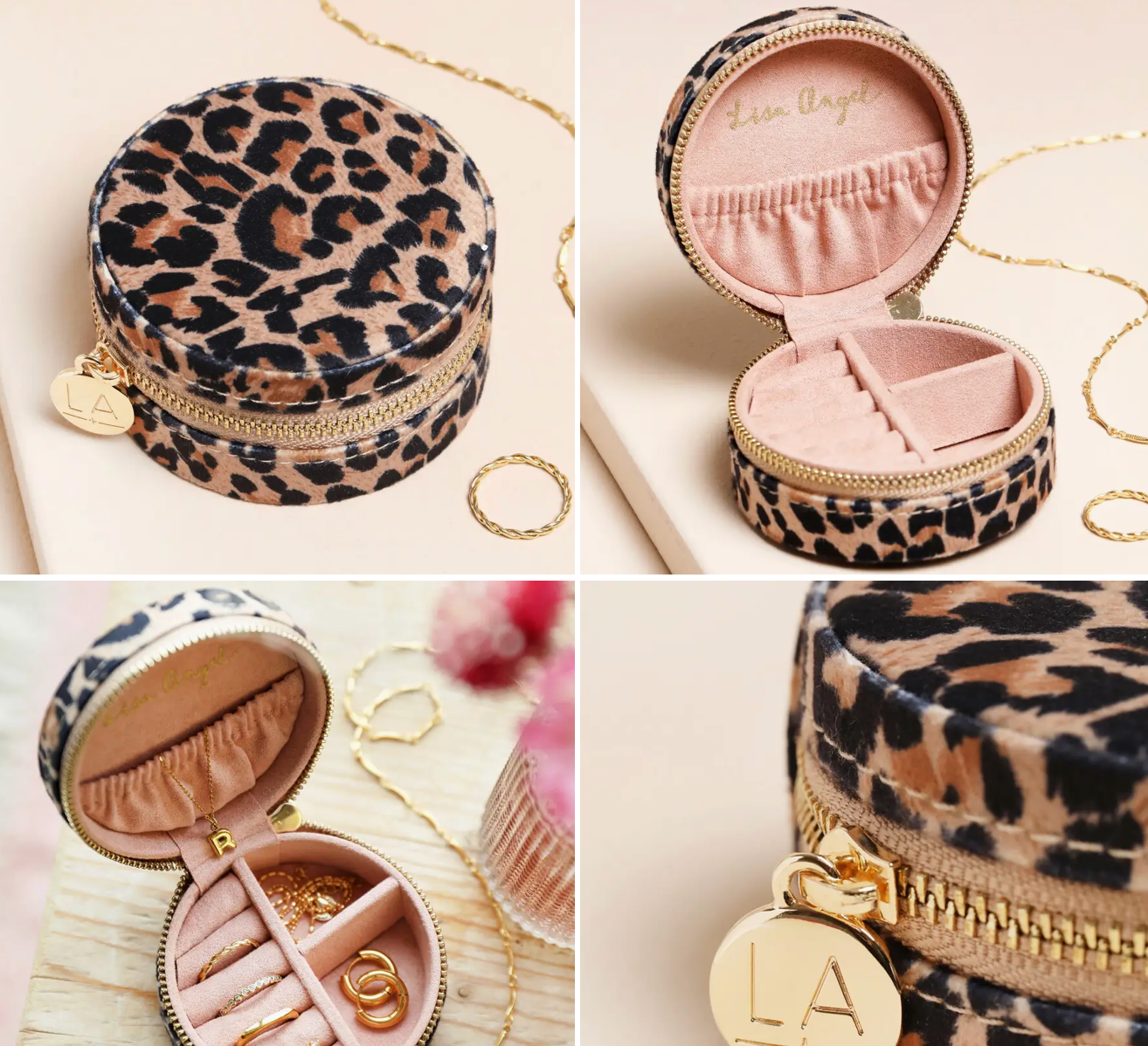 leopard print velvet round travel jewellery case