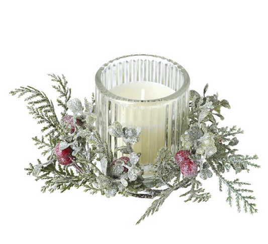 glass candle with foliage surround