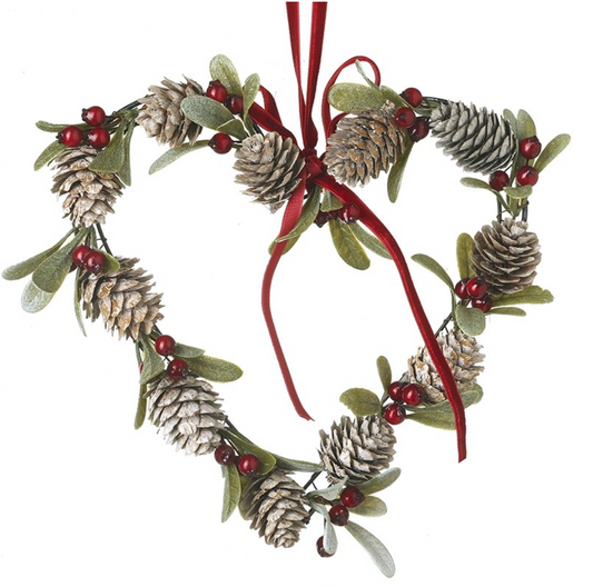 fir cone heart wreath with red bow