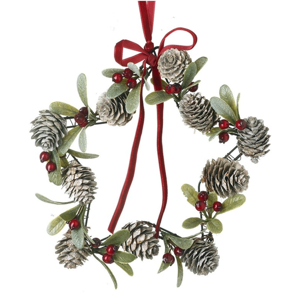fircone star wreath with red bow