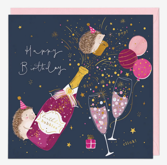 Hedgehogs pop champagne birthday card