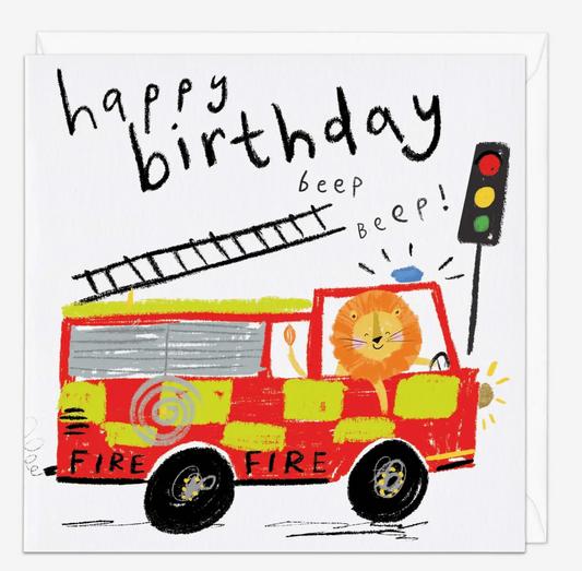 Lion fire engine birthday card