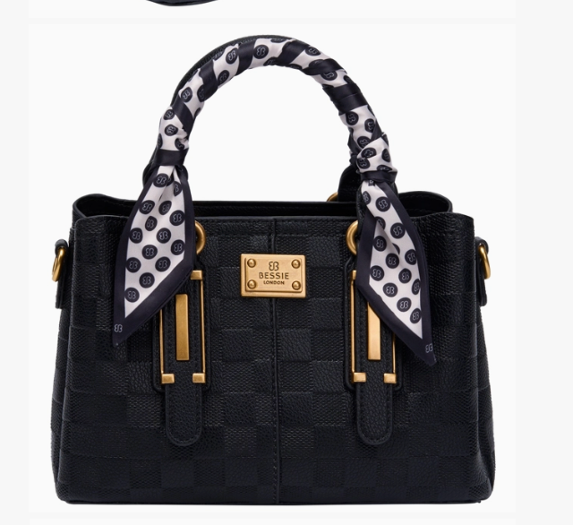 Checkerboard Buckle Tote With Scarf - Black