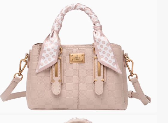 Checkerboard Buckle Tote With Scarf - Khaki