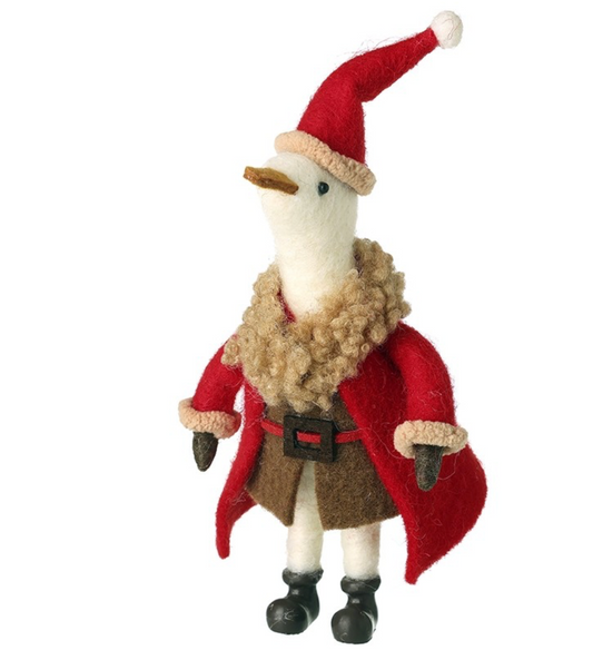 Goose wearing santa outfit