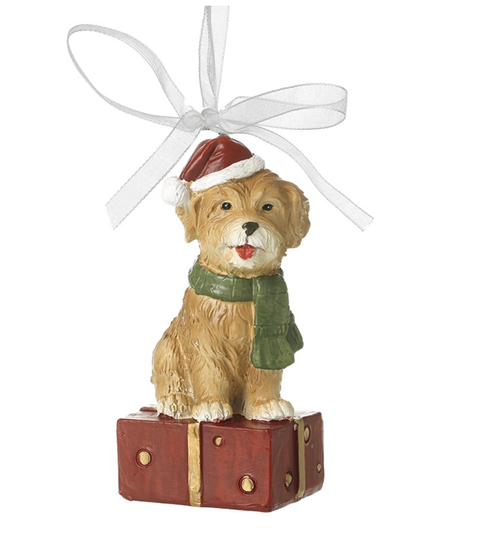 Christmas Dog On Present Ribbon Hanger