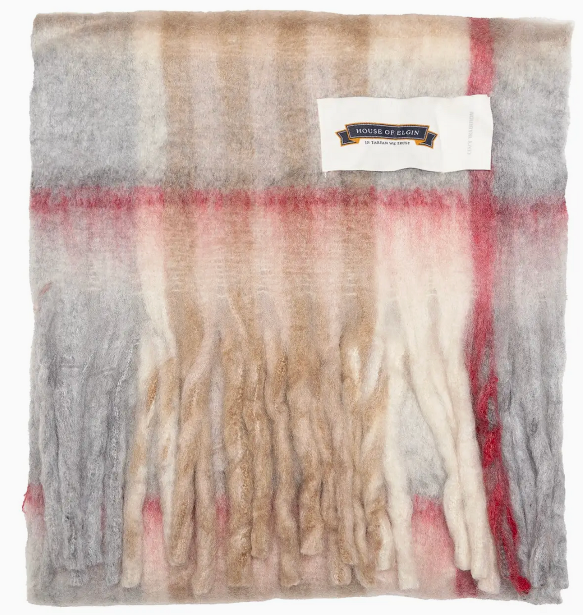 House of Elgin tartan blanket scarf chequer light camel grey