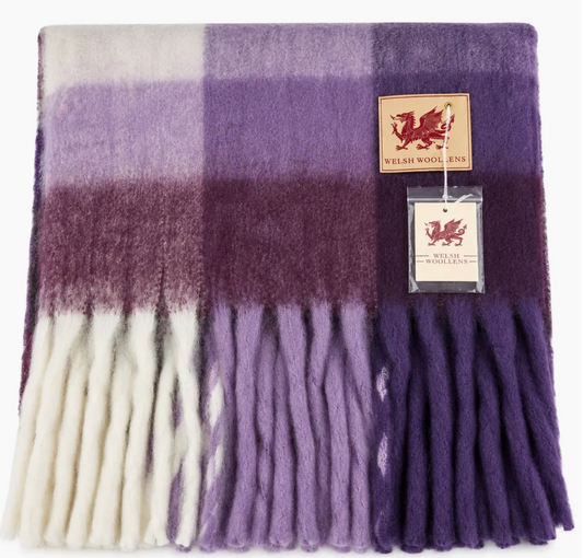 Welsh woollens tartan blanket scarf purple check