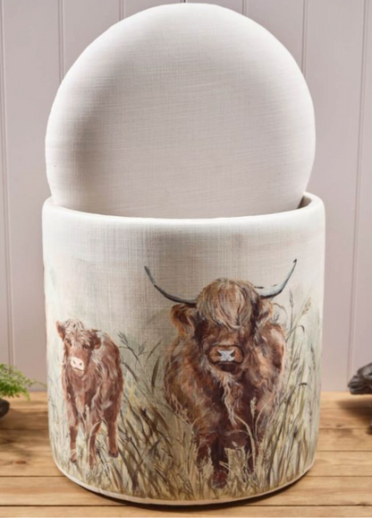 Highland Cow With Thristle Round Fabric Storage Stool Inner Made With Recycled Sugar Cane