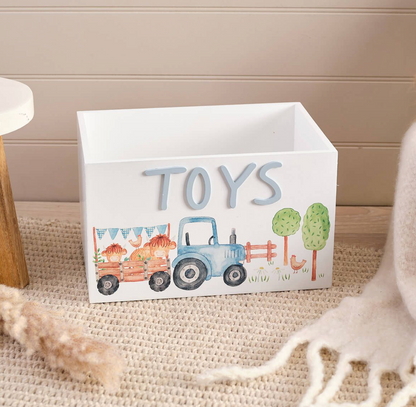 Mini Farm Monty Highland Cow With Tractor & Trailer Wood Toy Crate