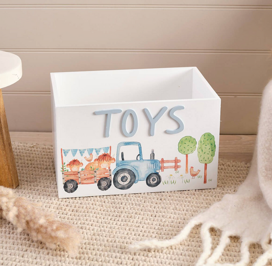 Mini Farm Monty Highland Cow With Tractor & Trailer Wood Toy Crate