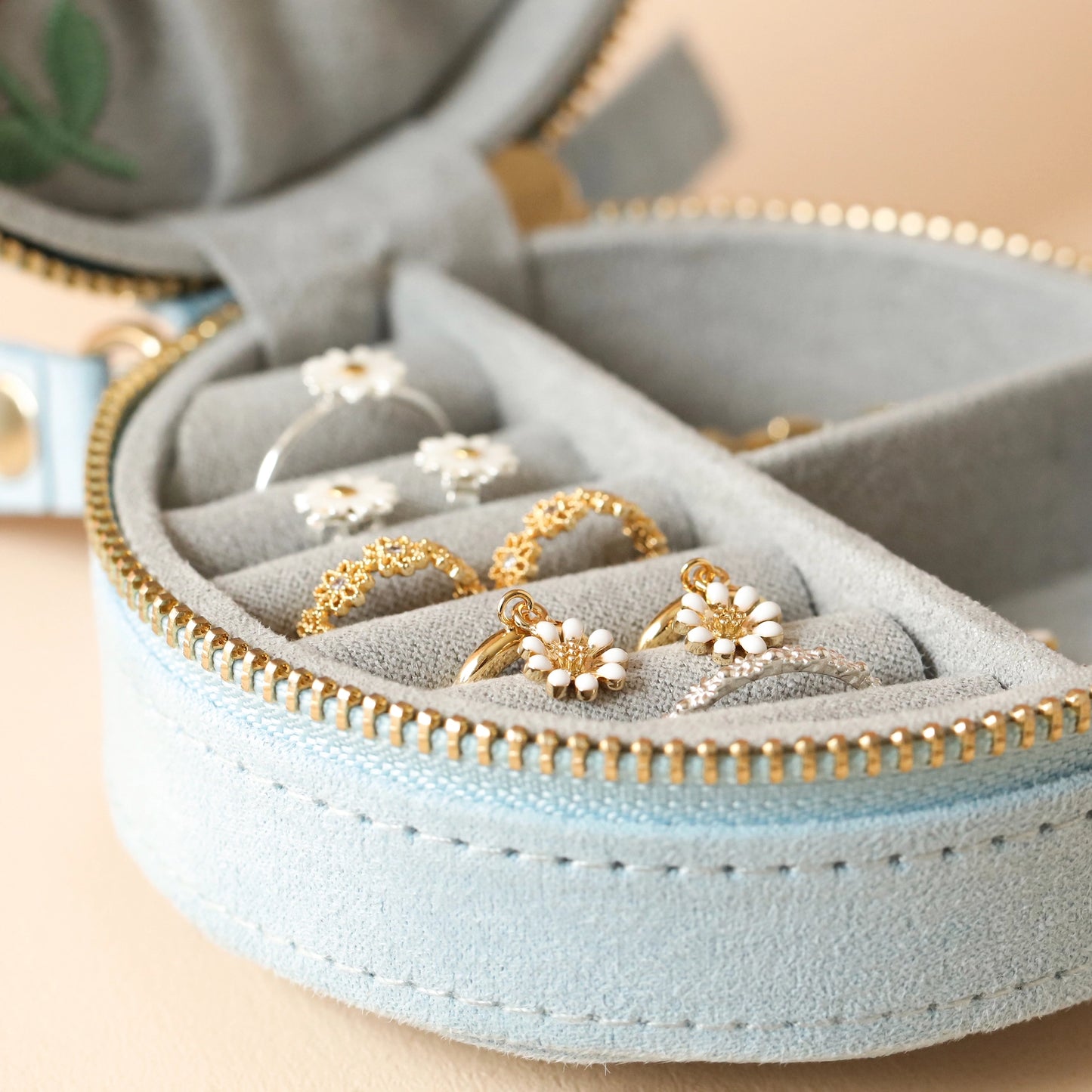 Embroidered Flowers Mini Velvet Jewellery Case