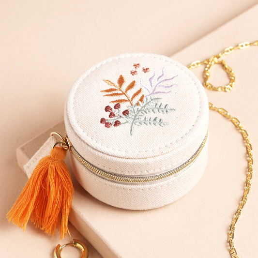 Embroidered Leaves Mini Round Linen Travel Case