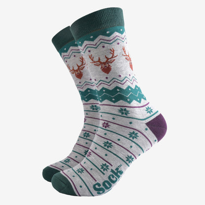 Men's Bamboo Socks Grey/Green Stag Fair Isle