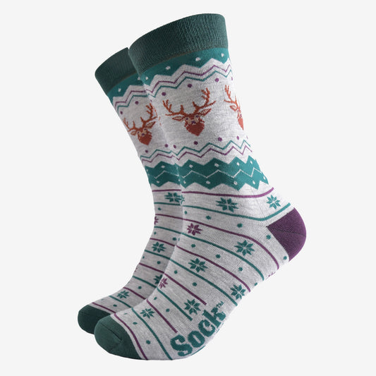Men's Bamboo Socks Grey/Green Stag Fair Isle